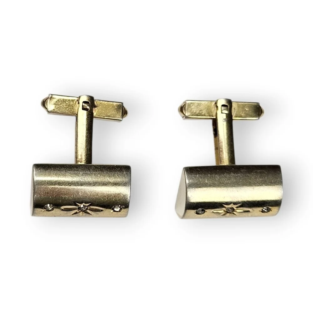 Atomic Starburst Cufflinks Oxford Rhinestone Half Cylinder Gold Plated Vintage